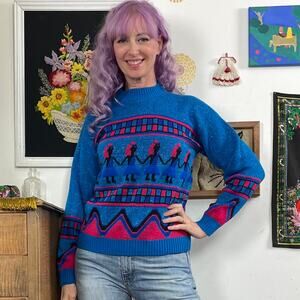 Vintage Metallic Novelty Sweater, 1980s Paper Doll Lady Pullover, Sz L-XL